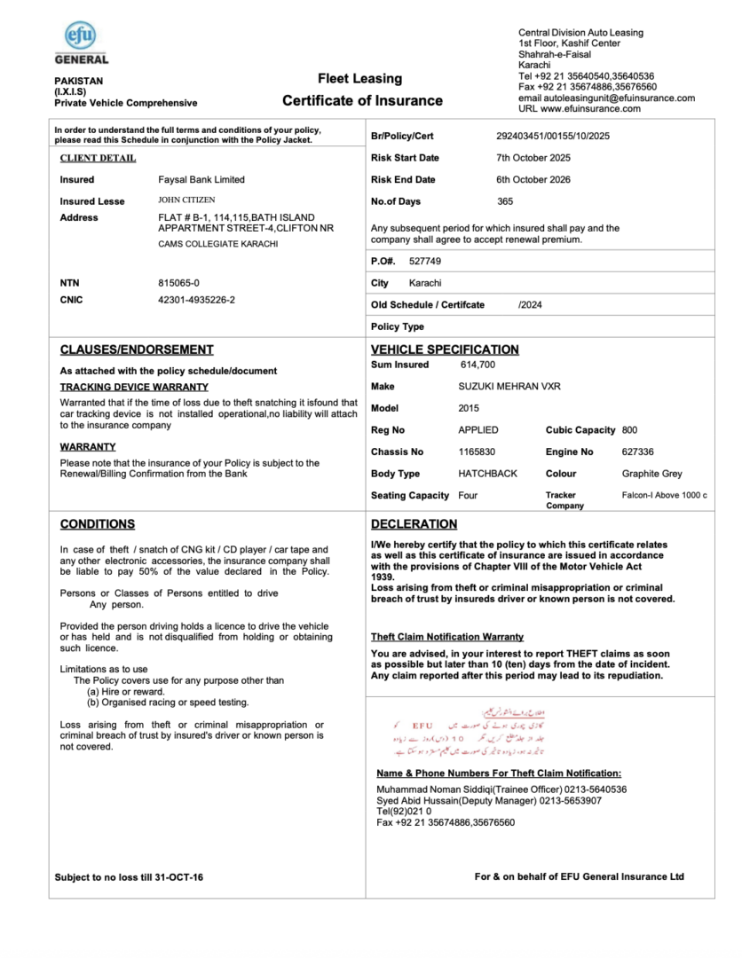 Pakistan EFU General Insurance certificate of insurance Word and PDF template
