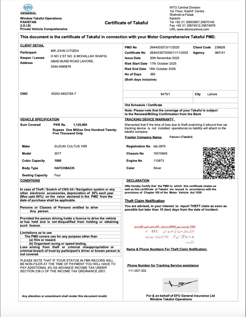 Pakistan EFU General Insurance certificate of takaful Word and PDF template