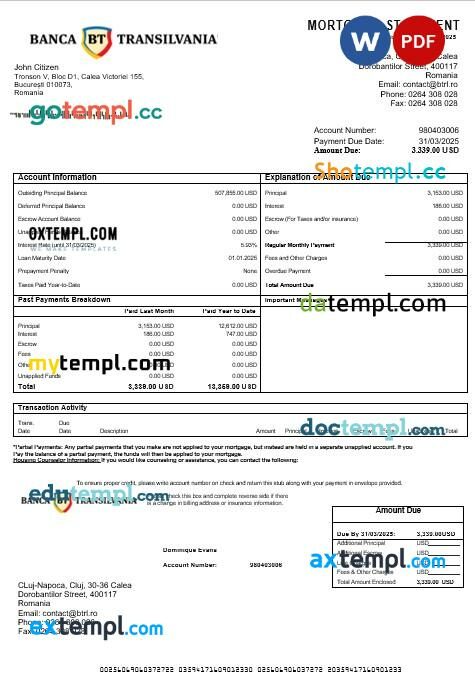 Romania Banca Transilvania mortgage statement in Word and PDF formats