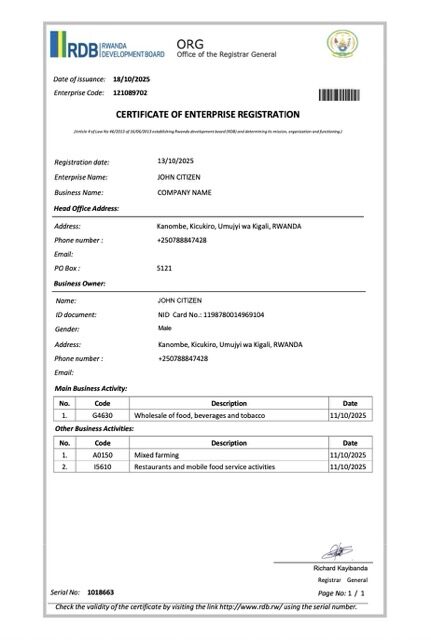 Reg Rwanda Code Number Rwanda certificate of enterprise registration Word and PDF template