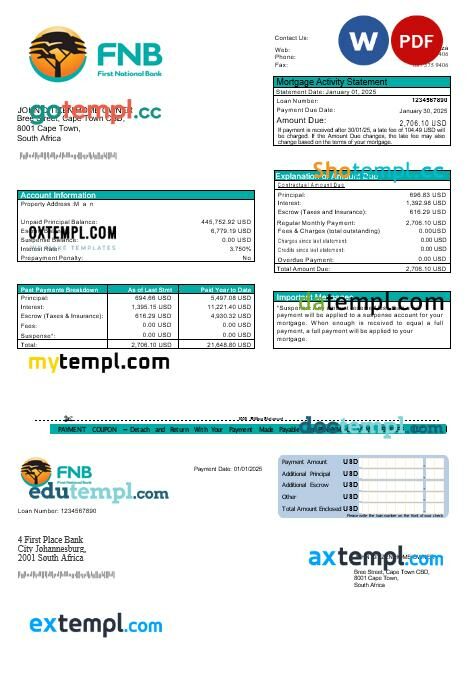 South Africa First National Bank (FNB) mortgage statement in Word and PDF formats