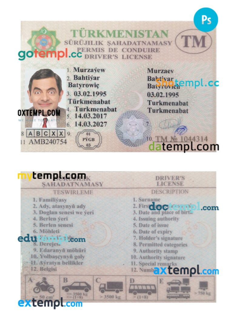 Turkmenistan driving license PSD editable template