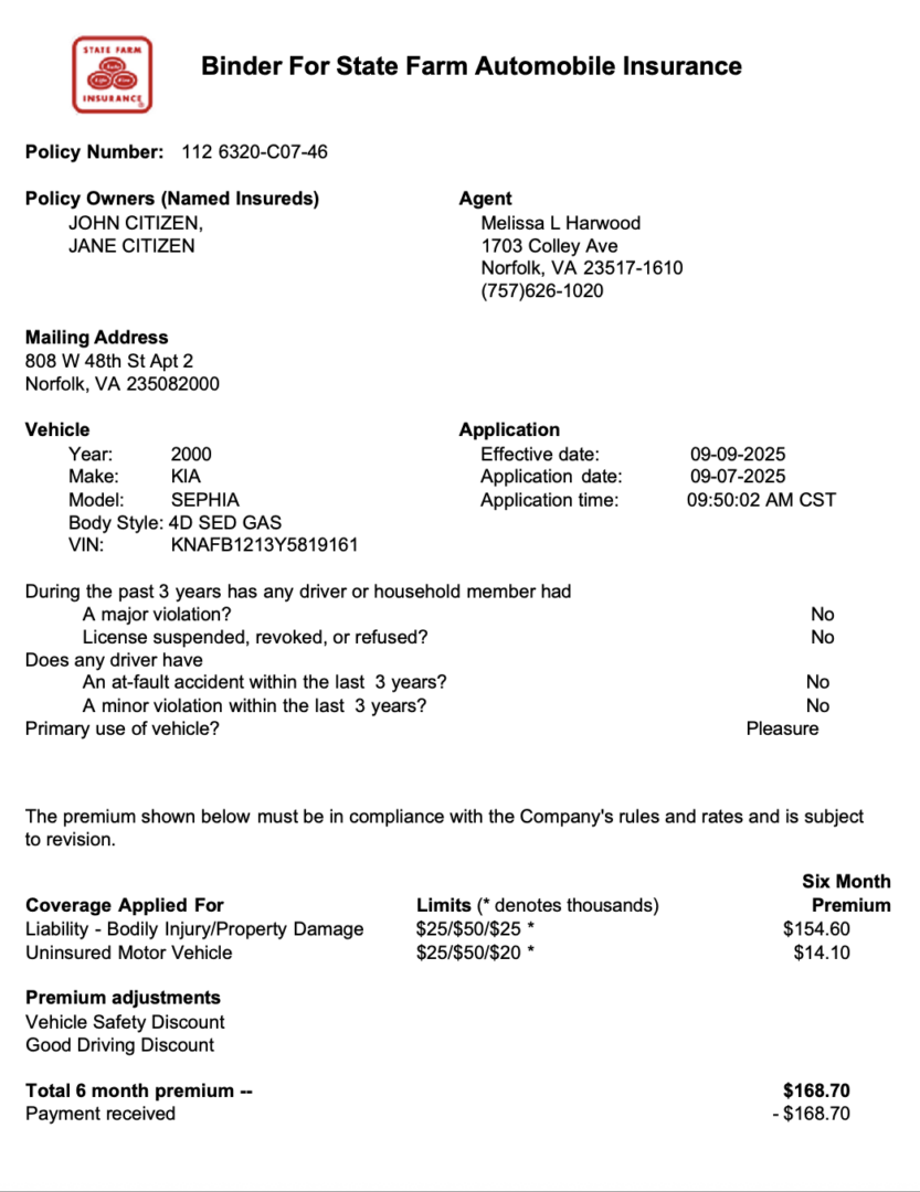 USA Binder for State Farm automobile insurance Word and PDF template