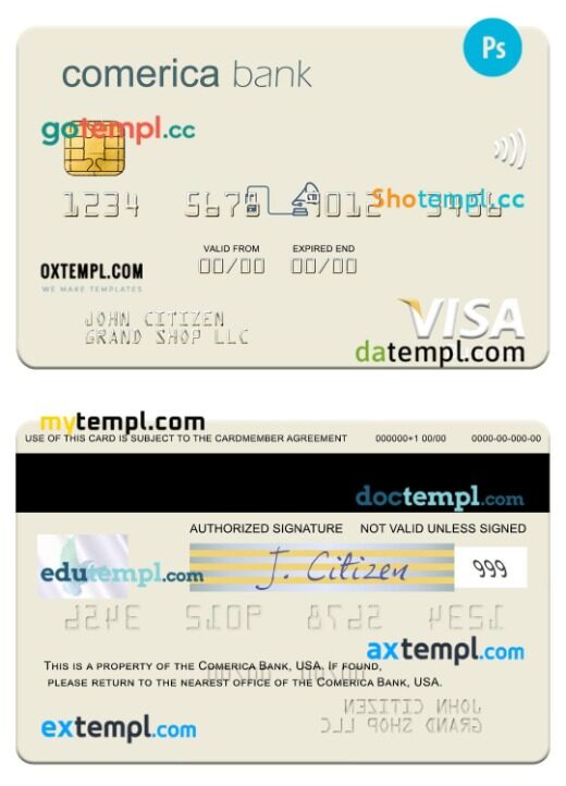 USA Comerica Bank visa business card template in PSD format