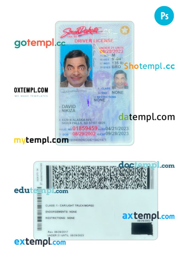 USA South Dakota under 21 driving license PSD editable template, 2023-present