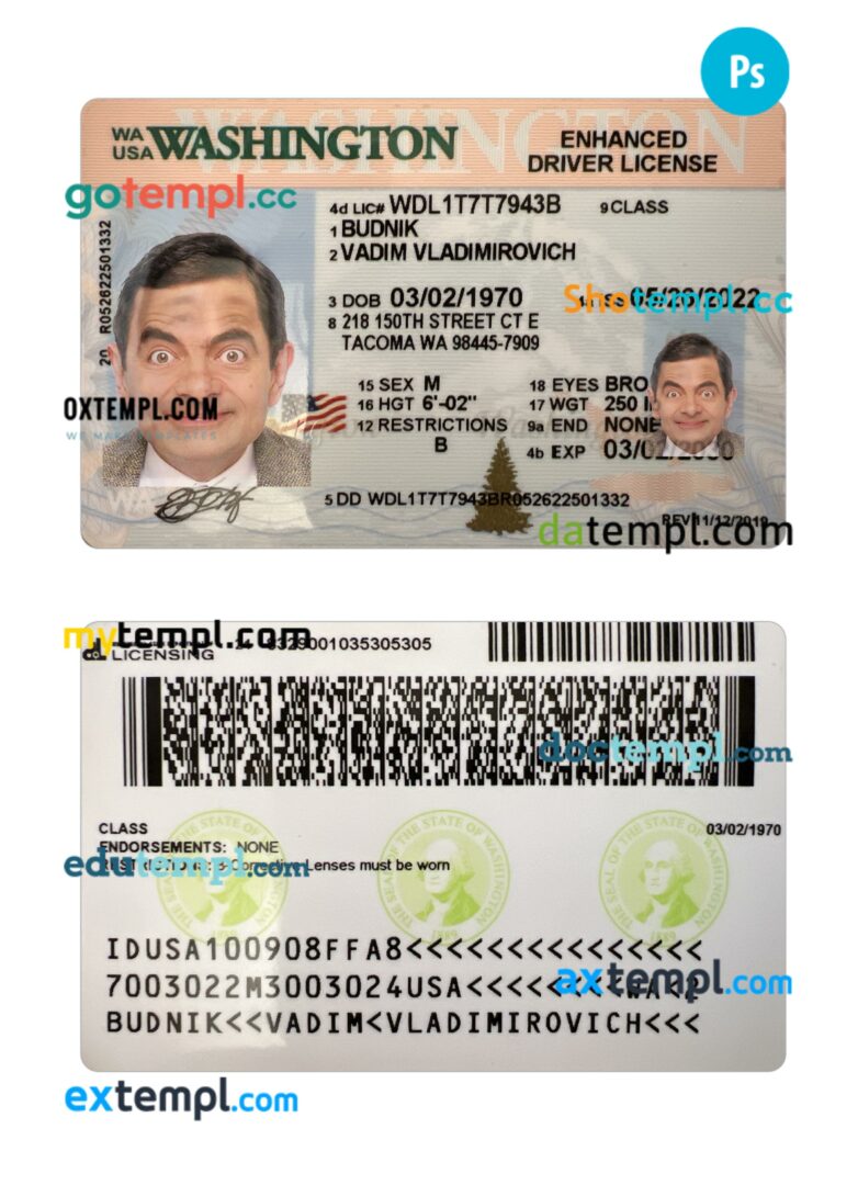 USA Washington driving license PSD editable template, 2022-present