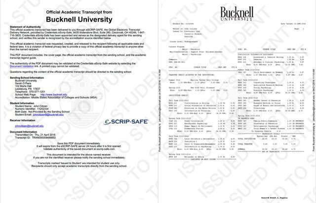 Bucknell University official transcript Word and PDF template, 2 pages