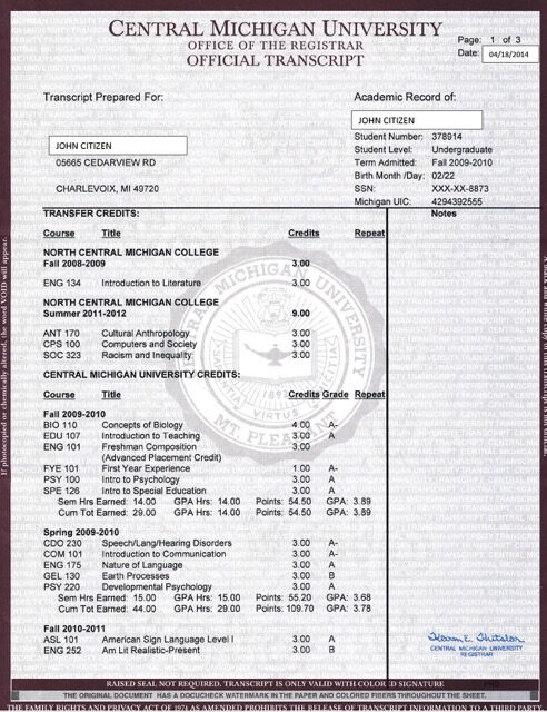 Central Michigan University official transcript Word and PDF template