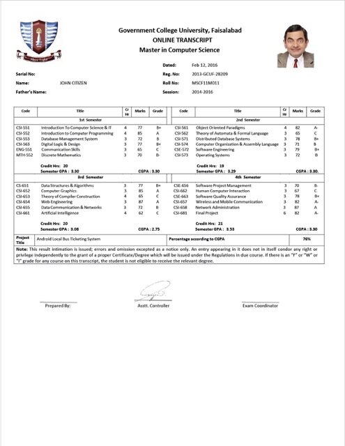 Government College University Faisalabad online transcript Word and PDF template