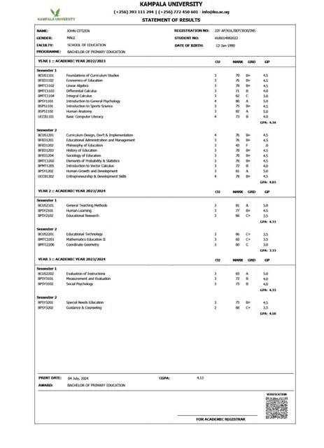 Kampala University statement of results Word and PDF template, version 2