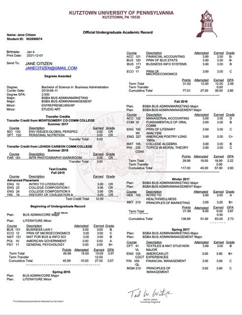 Kutztown University of Pennsylvania official undergraduate academic record Word and PDF template