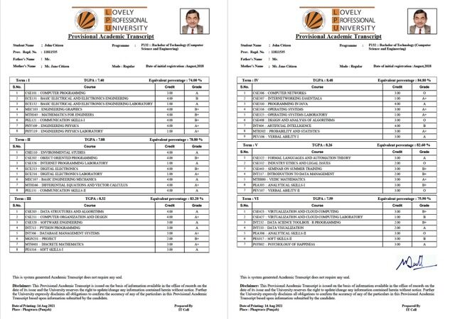Lovely Professional University provisional academic transcript Word and ...