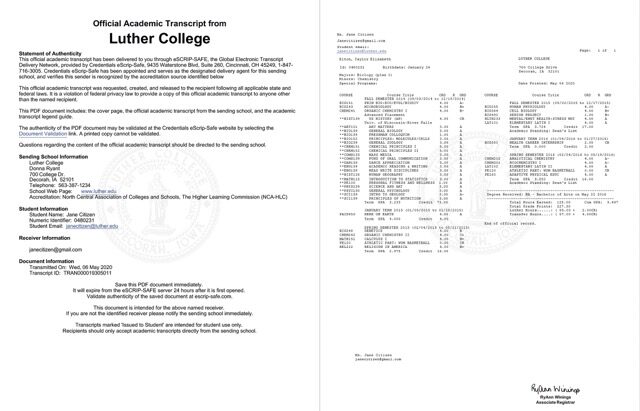 Luther College official academic transcript Word and PDF template, 2 pages