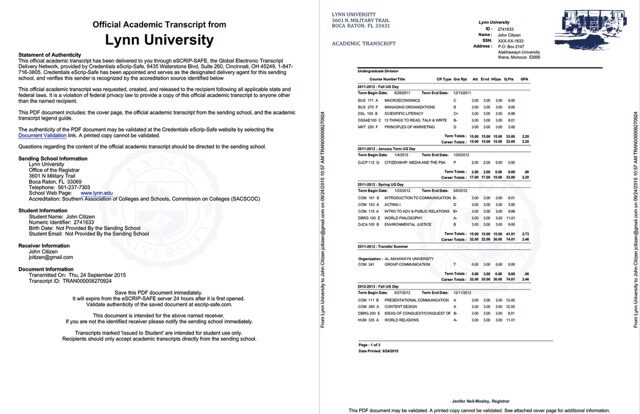 Lynn University official academic transcript Word and PDF template, 4 pages