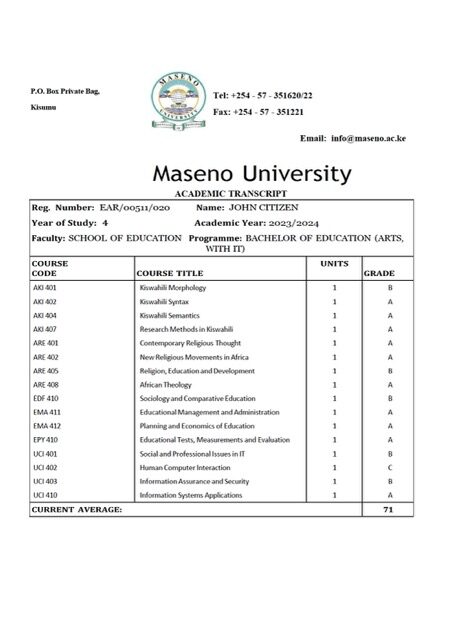 Maseno University academic transcript Word and PDF template