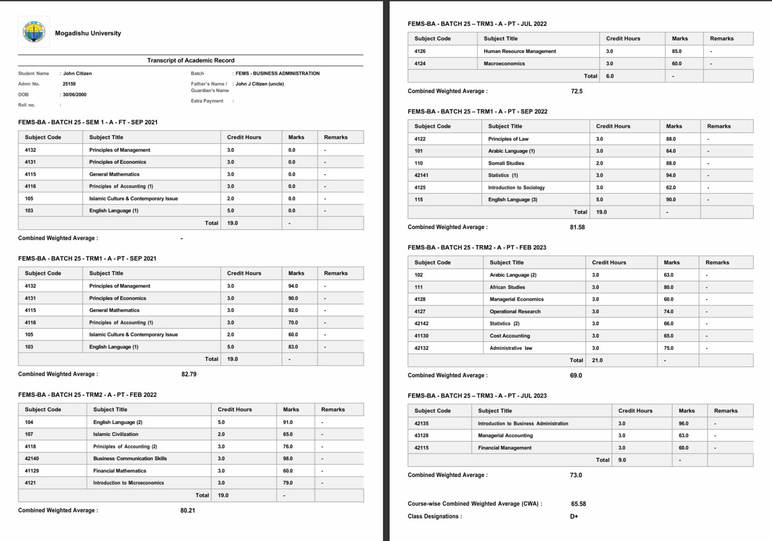 Mogadishu University transcript of academic record Word and PDF template, 2 pages