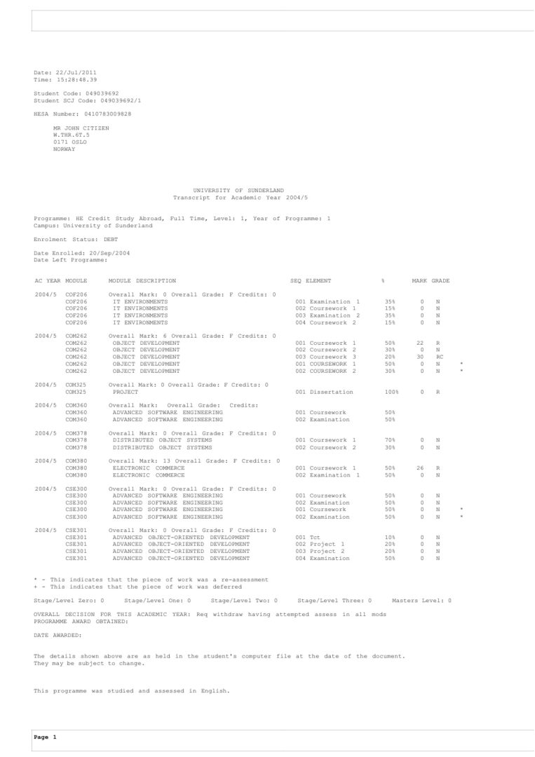 Norway University of Sunderland academic transcript Word and PDF template
