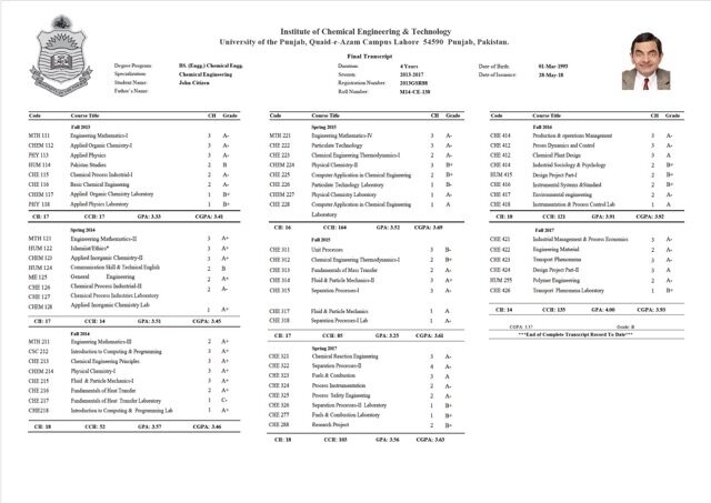 Pakistan University of the Punjab final transcript Word and PDF template