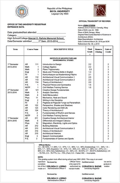 Philippines Bicol University official transcript of records Word and PDF template
