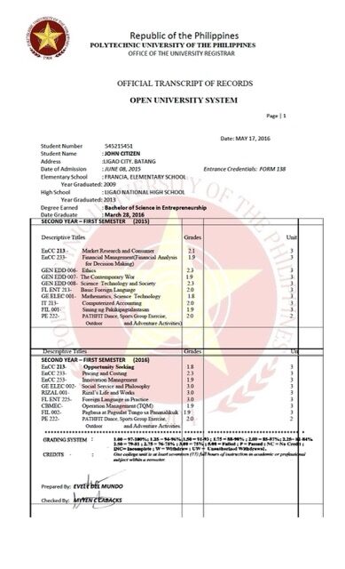 Polytechnic University of the Philippines official transcript of records Word and PDF template