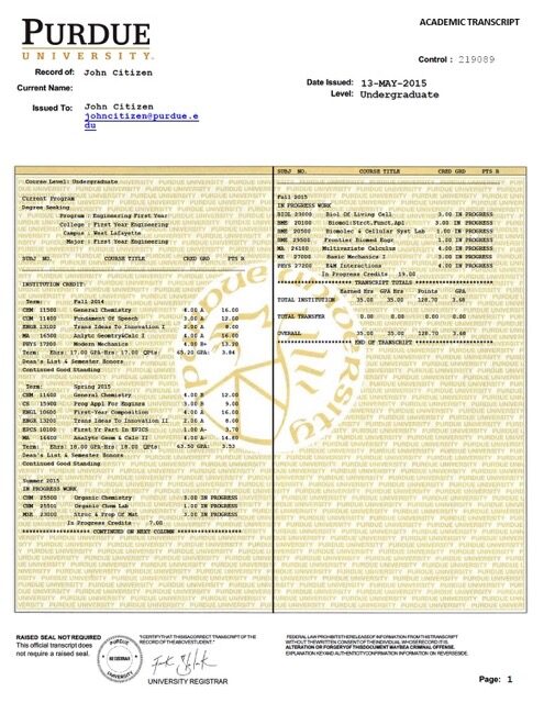 Purdue University academic transcript Word and PDF template