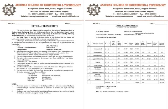 Rashtrasant Tukadoji Maharaj Nagpur University official transcripts Word and PDF template, 2 pages