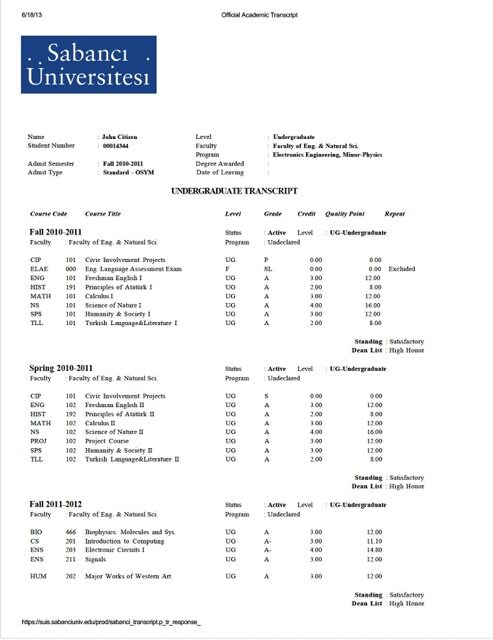 Sabanci University official academic transcript Word and PDF template