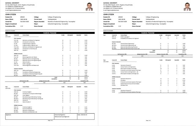 Saudi Arabia Alfaisal University academic transcript Word and PDF template, 2 pages