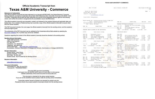 Texas A&M University - Commerce official academic transcript Word and PDF template, 2 pages