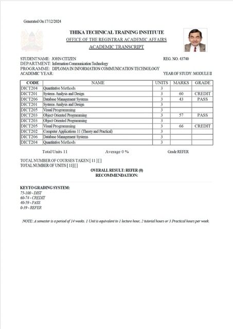 Thika Technical Training Institute academic transcript Word and PDF template