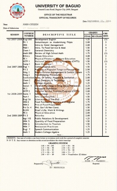 University of Baguio official transcript of records Word and PDF template