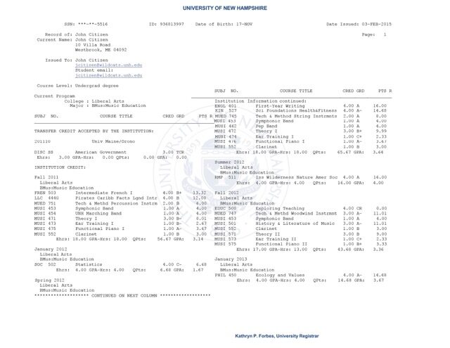 University of New Hampshire official academic transcript Word and PDF template, 2 pages