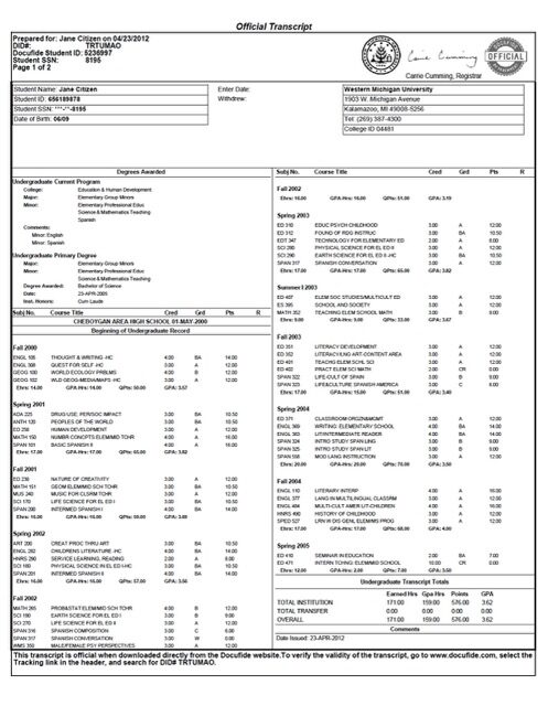 Western Michigan University official transcript Word and PDF template