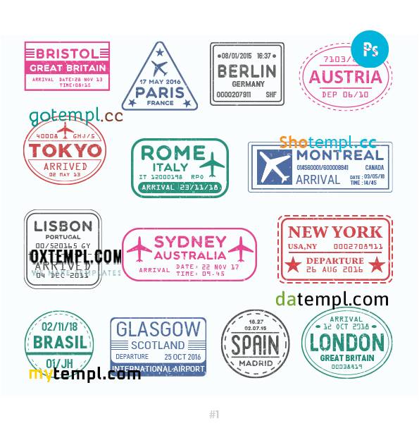 Bristol Paris Berlin travel stamp collection example of 14 PSD designs, with fonts