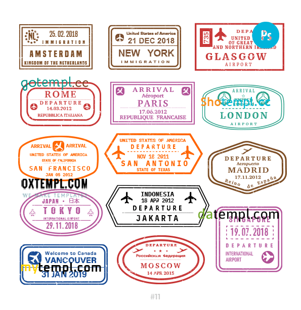 Dutch USA Irish travel stamp collection example of 14 PSD designs, with fonts