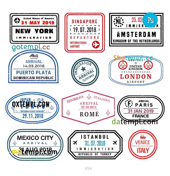 USA Singapore Turkish travel stamp collection example of 12 PSD designs, with fonts