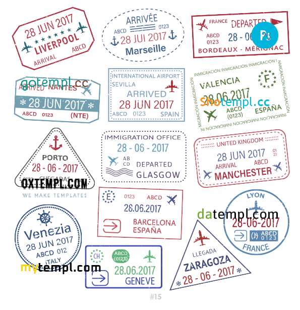 Liverpool Marseille Zaragoza travel stamp collection example of 14 PSD designs, with fonts
