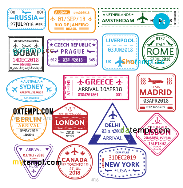 Russian Brazilian Canadian travel stamp collection example of 17 PSD designs, with fonts