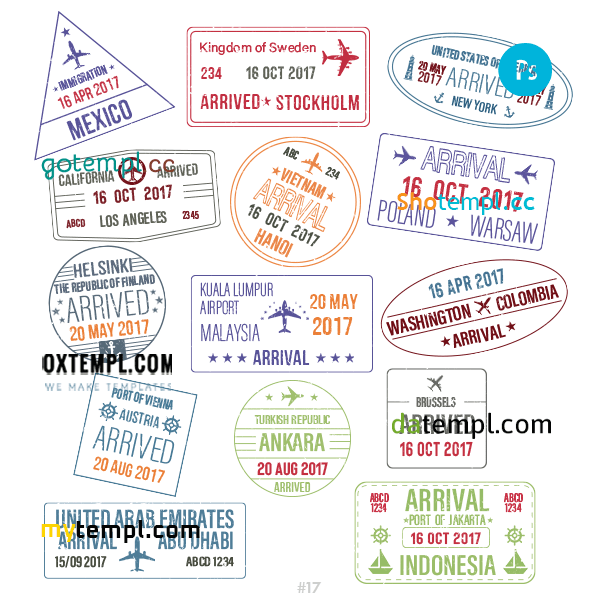 Mexican Swedish Indonesian travel stamp collection example of 14 PSD designs, with fonts