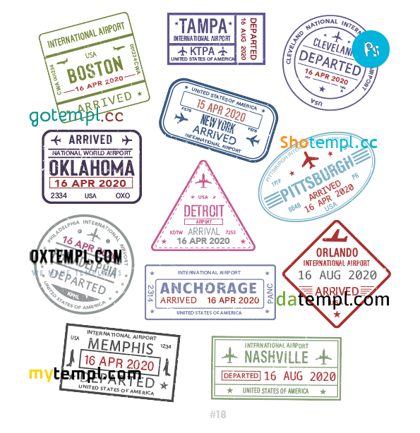 Massachusetts Florida Oklahoma travel stamp collection example of 12 PSD designs, with fonts