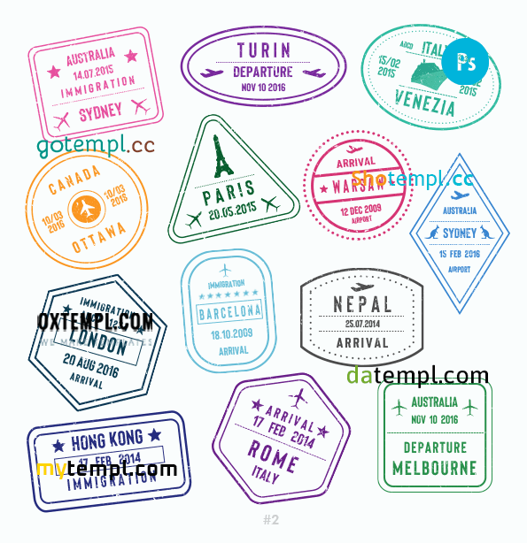 Sydney Turin Venezia travel stamp collection example of 13 PSD designs, with fonts
