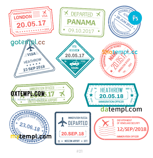 United Kingdom Panamanian Hong Kong travel stamp collection example of 11 PSD designs, with fonts