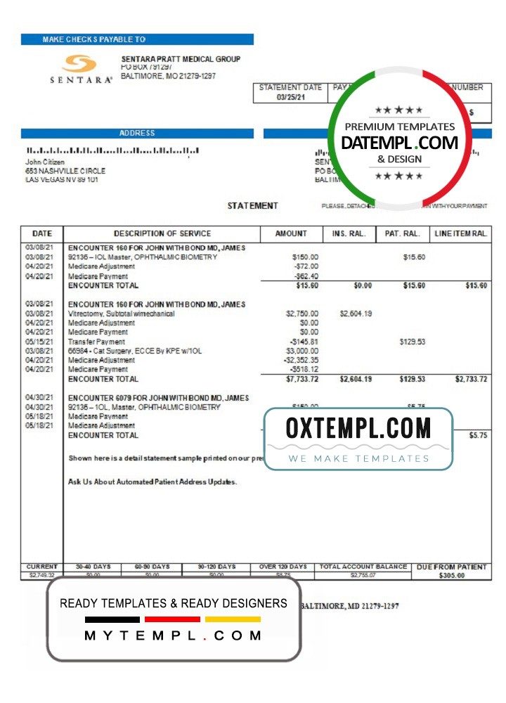 USA Sentara Pratt Medical Group billing statement example in Word and PDF format