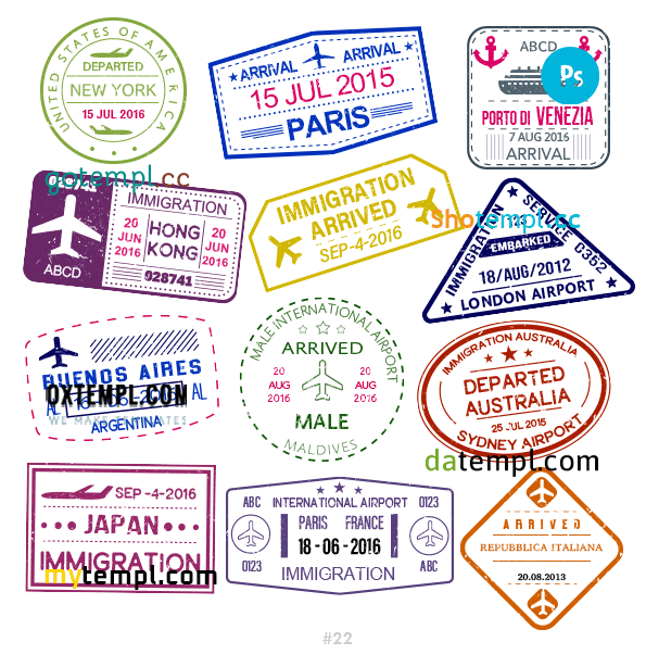 Italian Argentinian Japanese travel stamp collection example of 12 PSD designs, with fonts