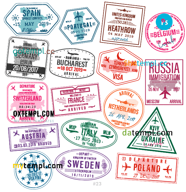 Portuguese Ukrainian Polish travel stamp collection example of 17 PSD designs, with fonts