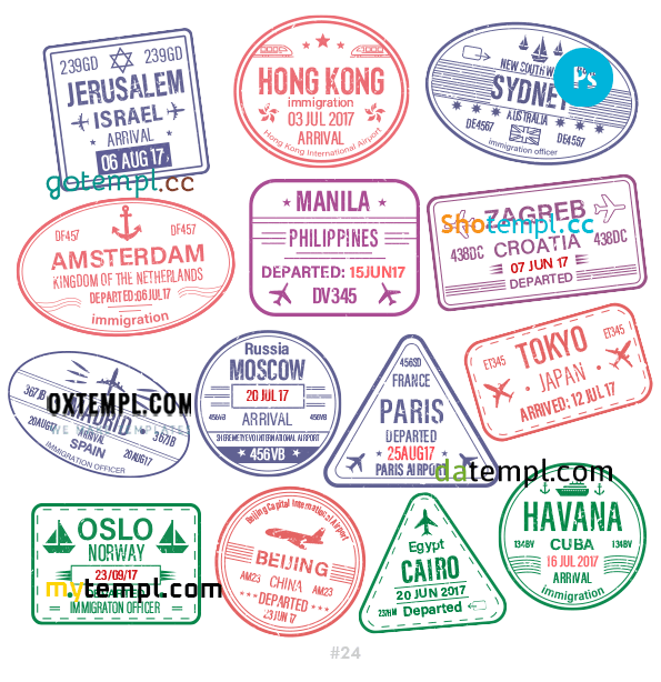 Israeli Australian Cuban travel stamp collection example of 14 PSD designs, with fonts