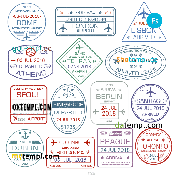 Italian Greek Sri Lanka travel stamp collection example of 14 PSD designs, with fonts