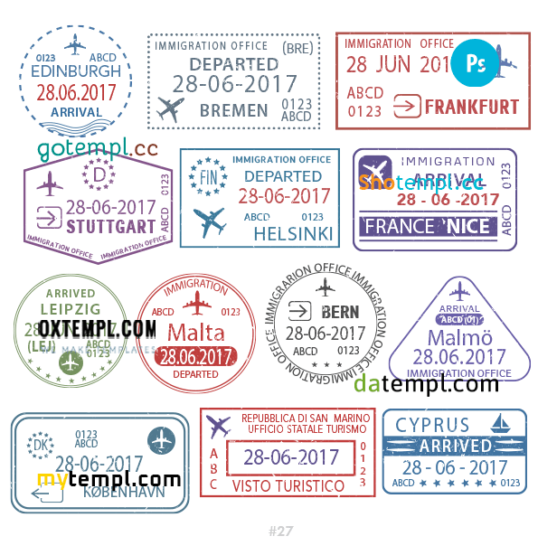 Edinburgh Bremen Frankfurt travel stamp collection example of 13 PSD designs, with fonts