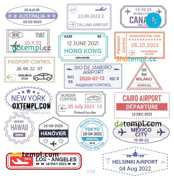 Australian Estonian Finnish travel stamp collection example of 18 PSD designs, with fonts