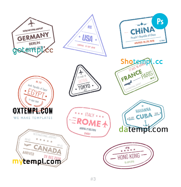 German USA Chinese travel stamp collection example of 10 PSD designs, with fonts